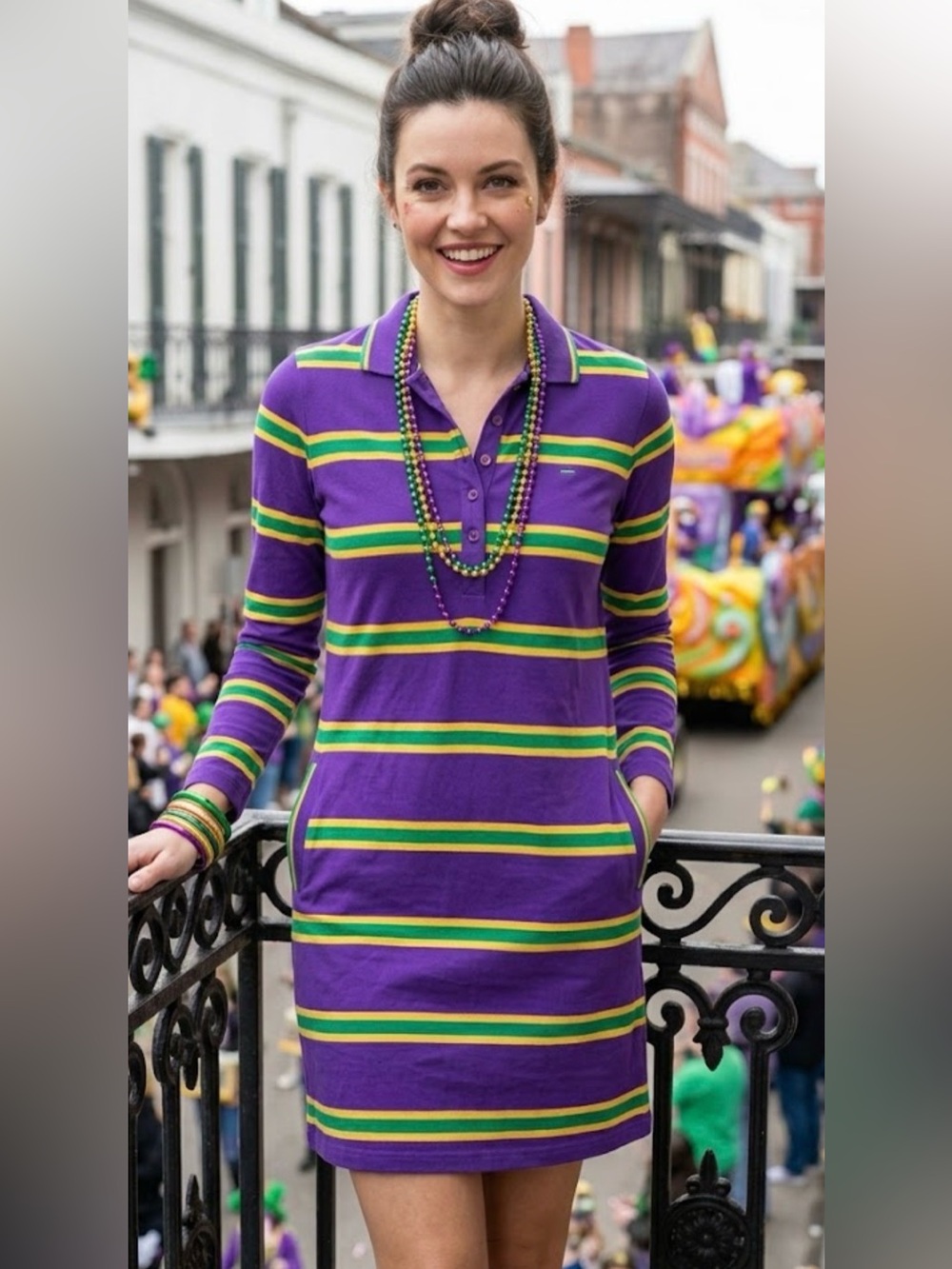 Mardi Gras Creations Purple Striped Long Sleeve Polo Shirt